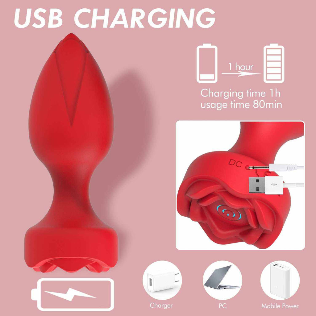 Vibrador para Mujer de silicona roja, con cuerpo ergonómico, base ondulada y carga mediante conexión USB.