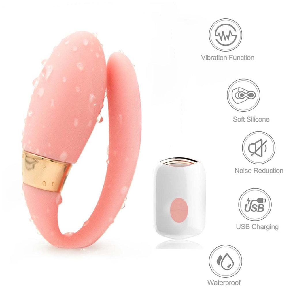 Vibrador para Parejas de silicona rosa con textura de puntos, aro flexible y mando remoto blanco recargable por USB.