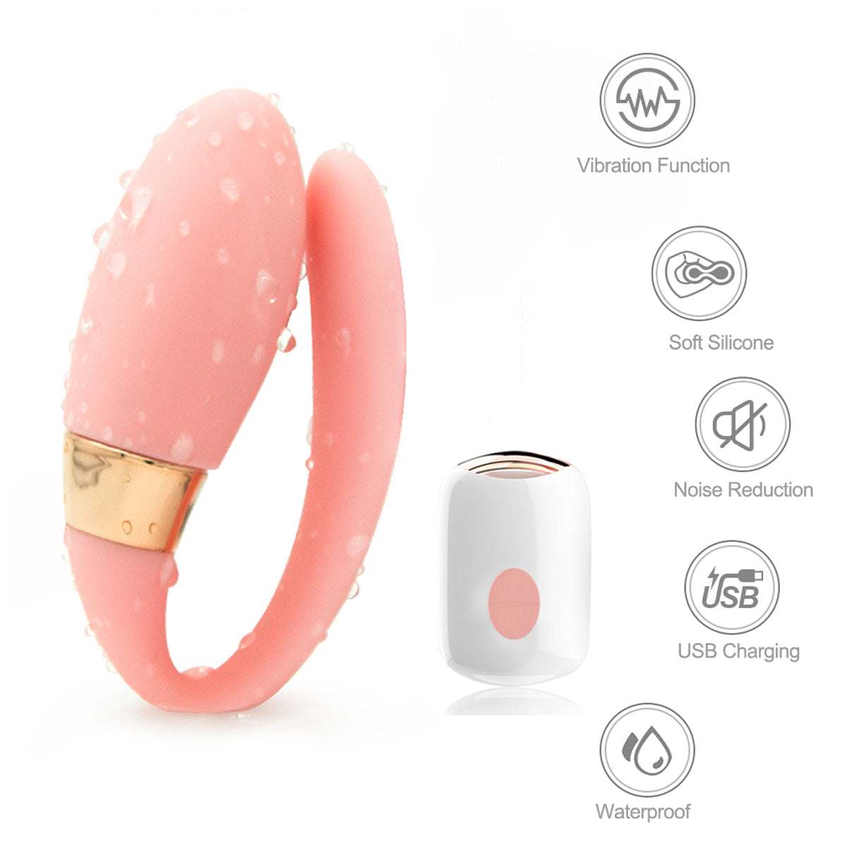 Vibrador para Parejas de silicona rosa con textura de puntos, aro flexible y mando remoto blanco recargable por USB.
